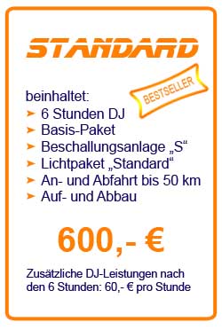 Paket "Standard": Leistungen des Pakets "Basic", Beschallungsanlage "S" sowie Lichtpaket "Standard" für insgesamt 600 € - jede weitere Stunde: 60 €